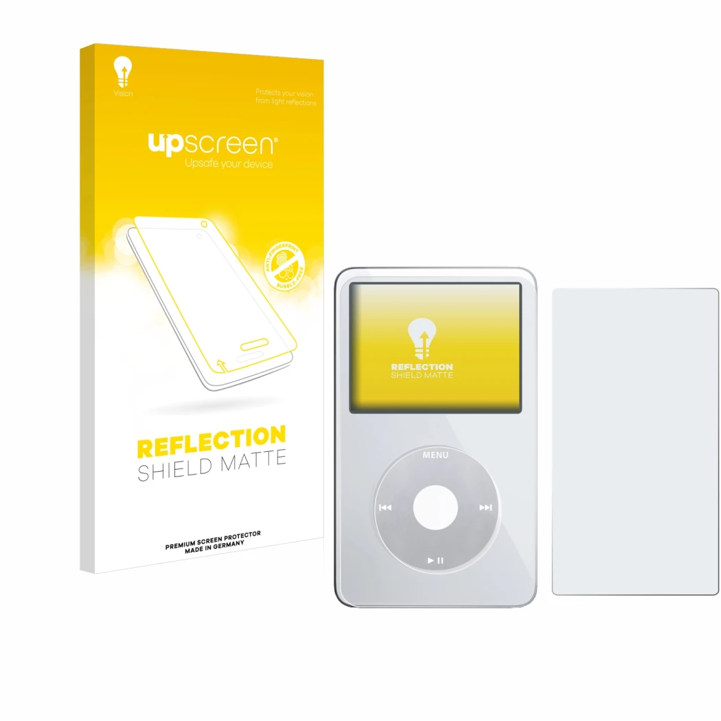 Parte frontale di una confezione del prodotto con il logo del marchio upscreen. Accanto è raffigurato il dispositivo Apple iPo