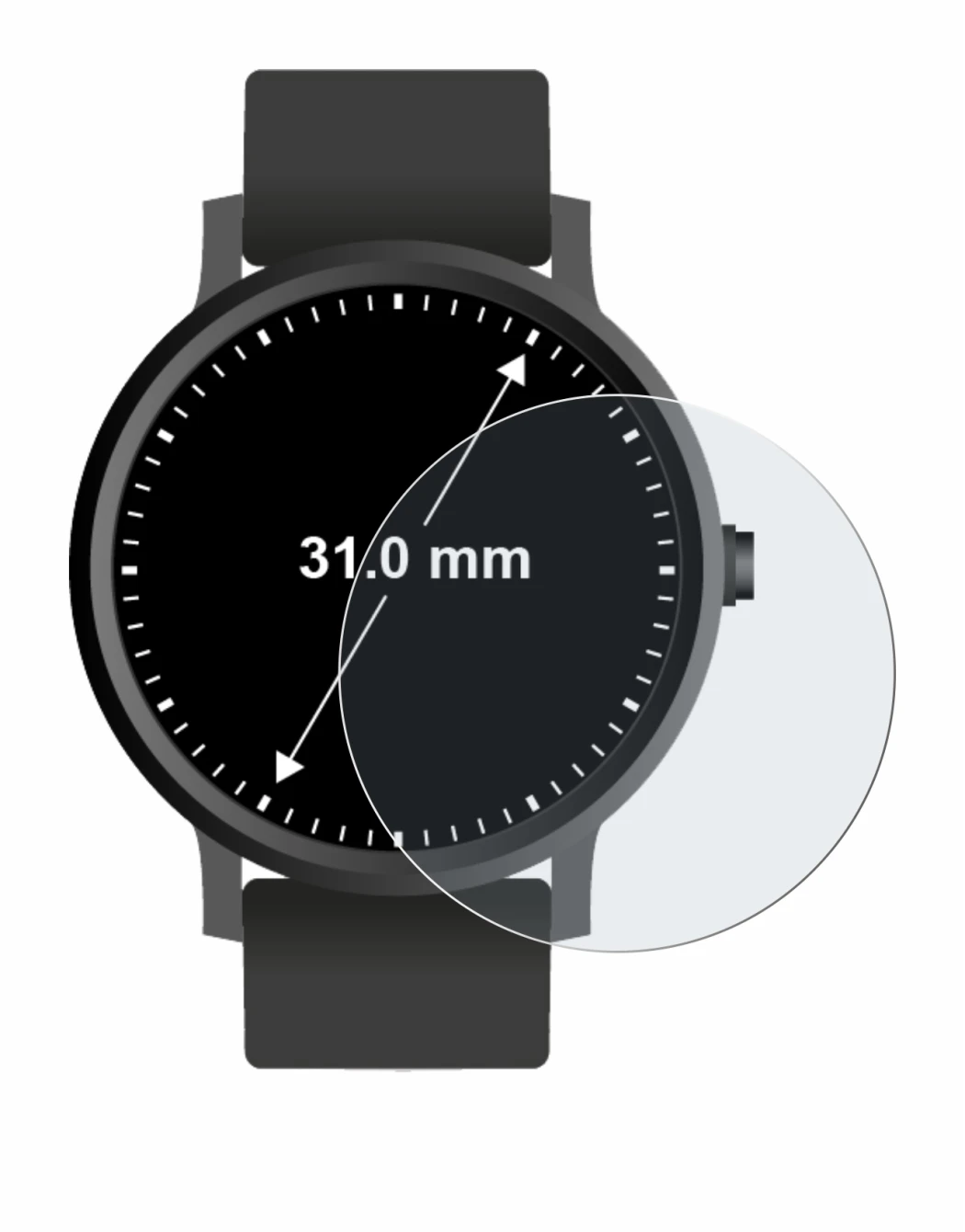 Immagine del dispositivo Orologi (circolare, ø: 31 mm) con un'ampia varietà di protezioni per lo schermo.