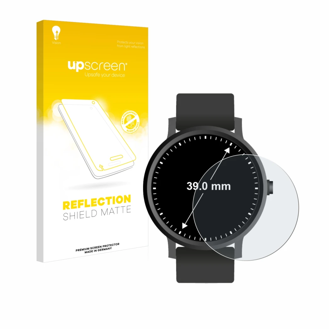 Parte frontale di una confezione del prodotto con il logo del marchio upscreen. Accanto è raffigurato il dispositivo Orologi (