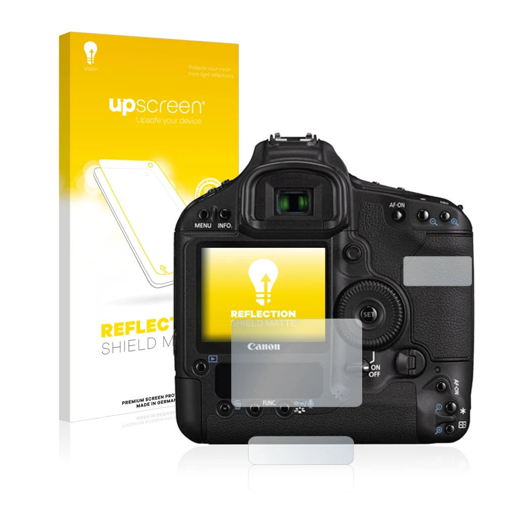 Parte frontale di una confezione del prodotto con il logo del marchio upscreen. Accanto è raffigurato il dispositivo Canon EOS