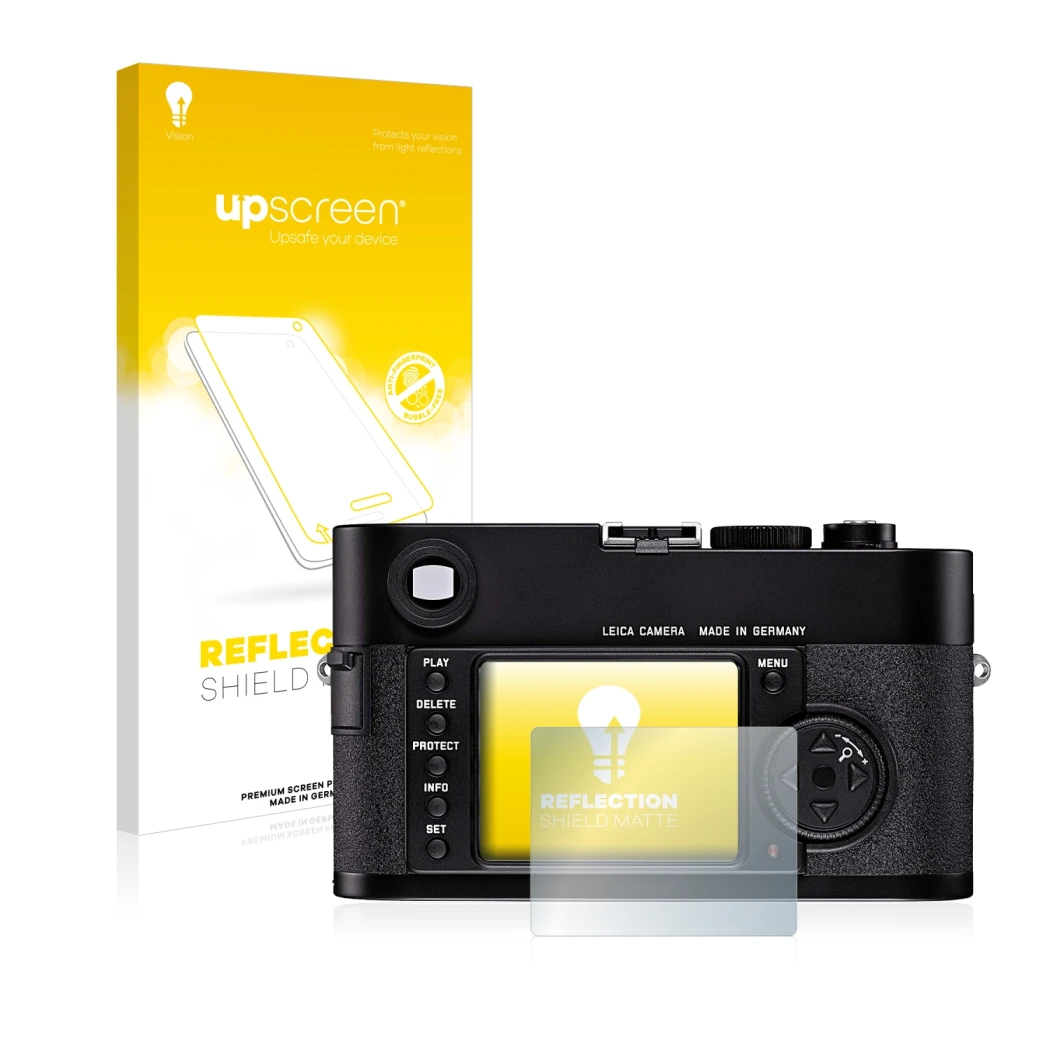 Parte frontale di una confezione del prodotto con il logo del marchio upscreen. Accanto è raffigurato il dispositivo Leica M8