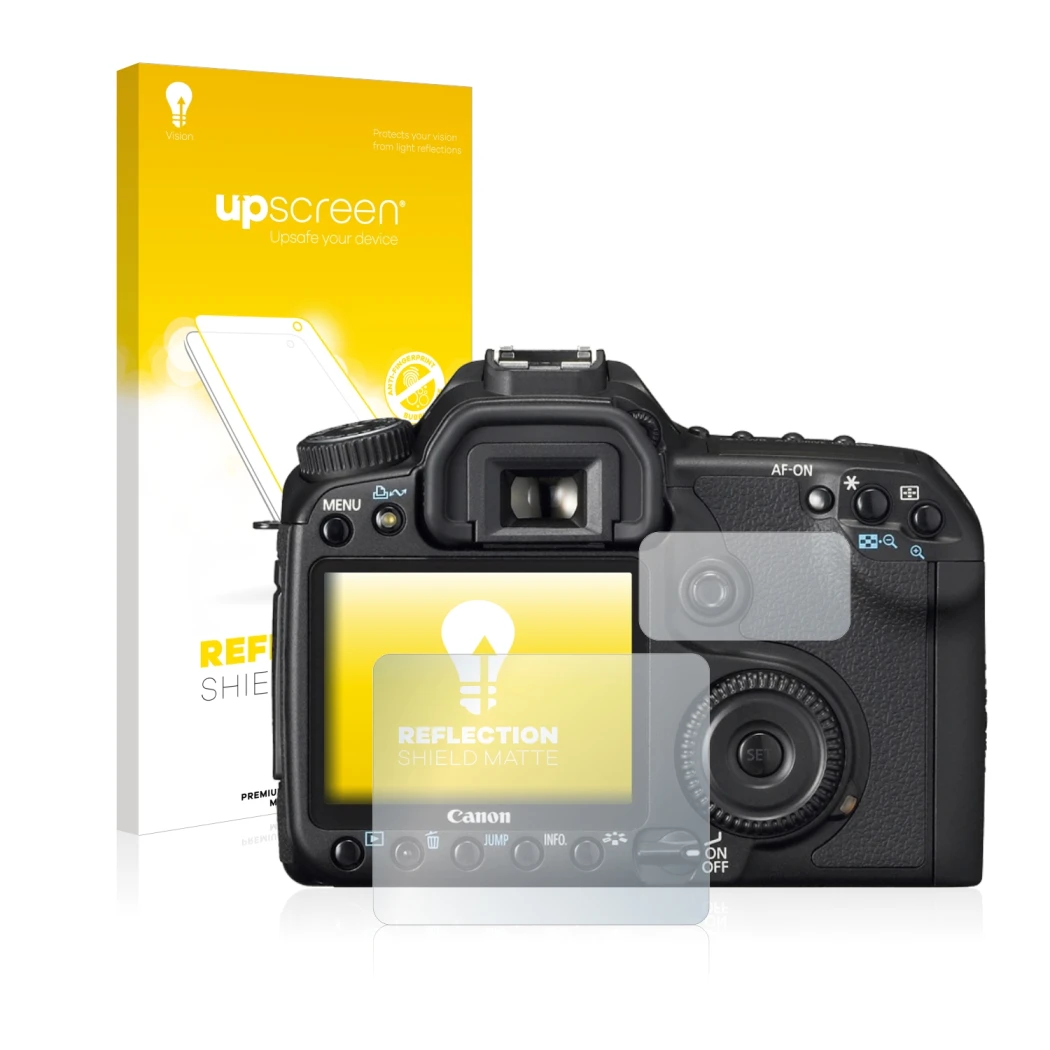 Parte frontale di una confezione del prodotto con il logo del marchio upscreen. Accanto è raffigurato il dispositivo Canon EOS