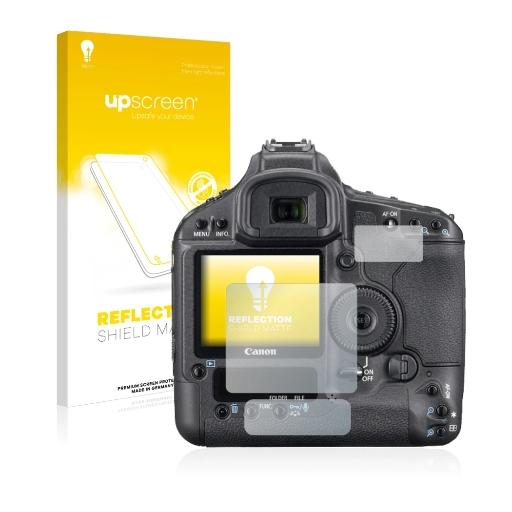 Parte frontale di una confezione del prodotto con il logo del marchio upscreen. Accanto è raffigurato il dispositivo Canon EOS