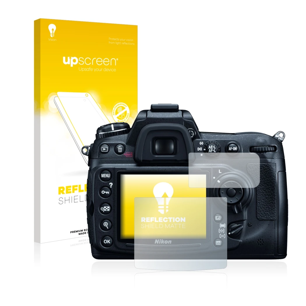 Parte frontale di una confezione del prodotto con il logo del marchio upscreen. Accanto è raffigurato il dispositivo Nikon D30
