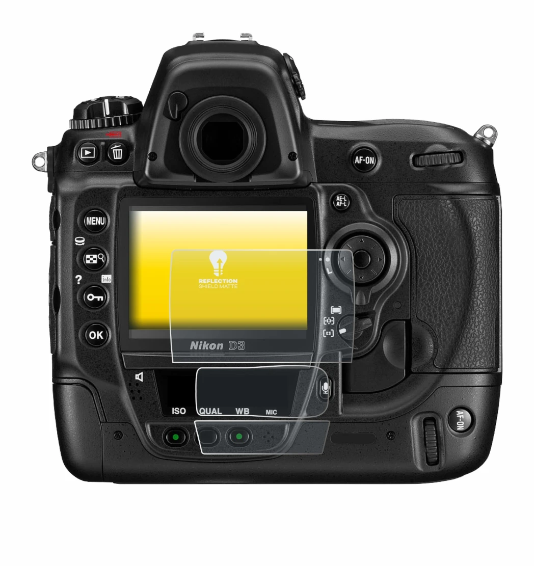 Immagine del dispositivo Nikon D3 con un'ampia varietà di protezioni per lo schermo.