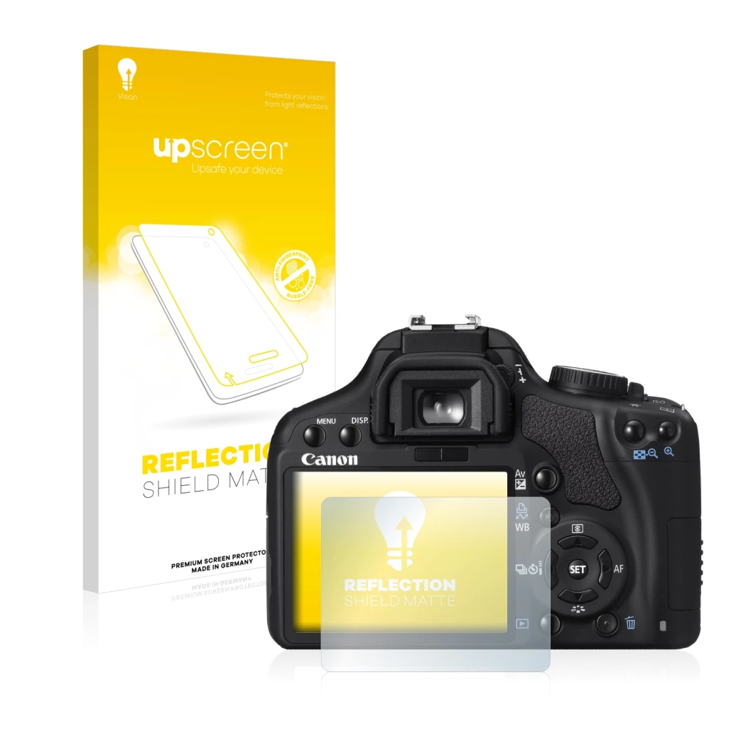 Parte frontale di una confezione del prodotto con il logo del marchio upscreen. Accanto è raffigurato il dispositivo Canon EOS