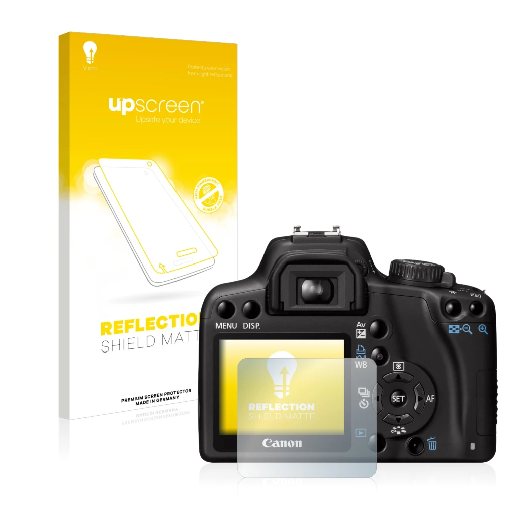 Parte frontale di una confezione del prodotto con il logo del marchio upscreen. Accanto è raffigurato il dispositivo Canon EOS