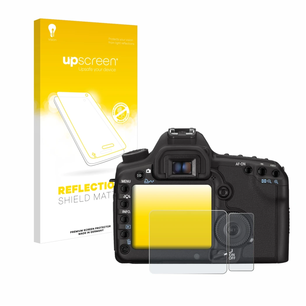 Parte frontale di una confezione del prodotto con il logo del marchio upscreen. Accanto è raffigurato il dispositivo Canon EOS