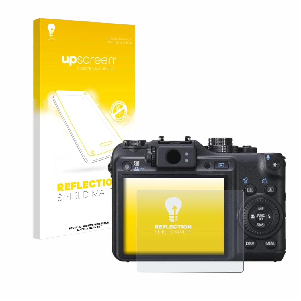 Parte frontale di una confezione del prodotto con il logo del marchio upscreen. Accanto è raffigurato il dispositivo Canon Pow