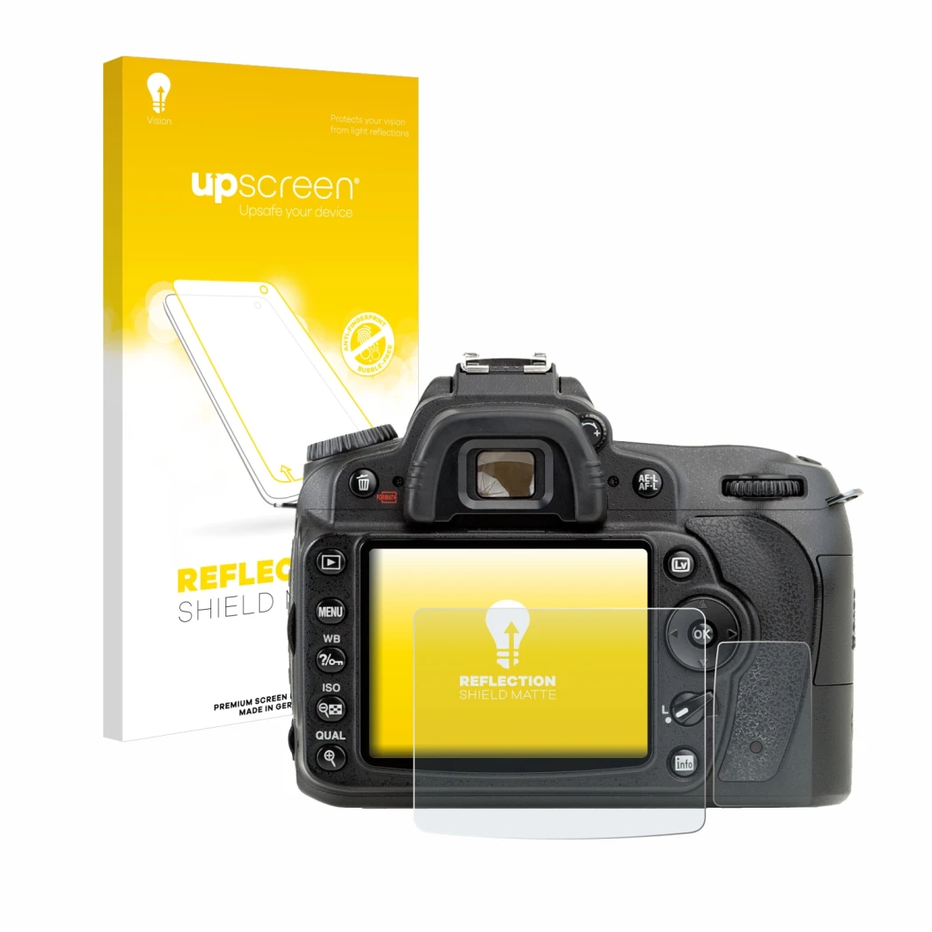 Parte frontale di una confezione del prodotto con il logo del marchio upscreen. Accanto è raffigurato il dispositivo Nikon D90
