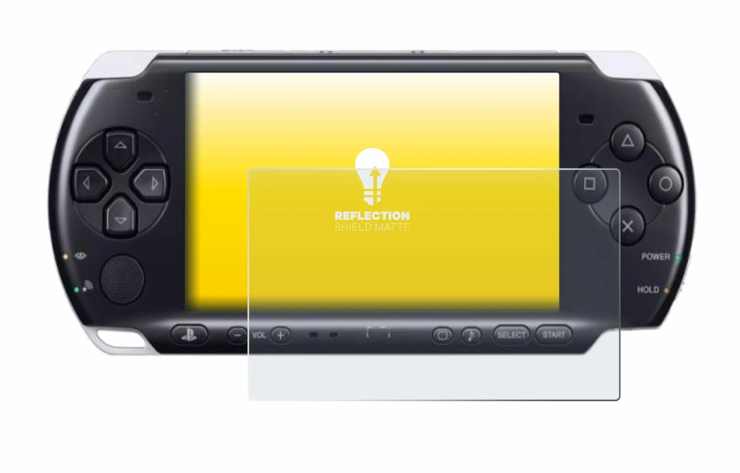 Immagine del dispositivo Sony PSP 3000 con un'ampia varietà di protezioni per lo schermo.