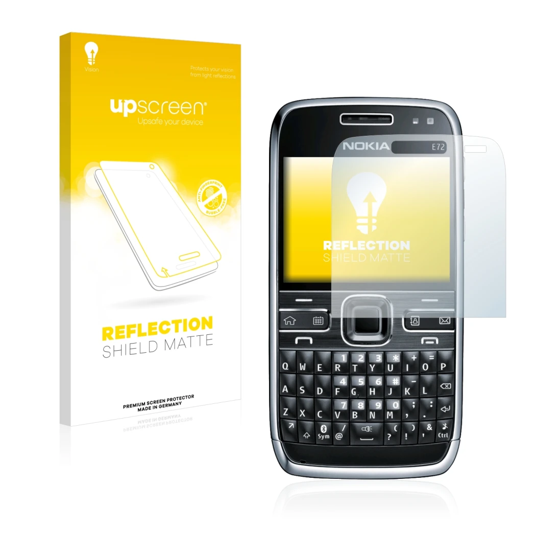 Parte frontale di una confezione del prodotto con il logo del marchio upscreen. Accanto è raffigurato il dispositivo Nokia E72