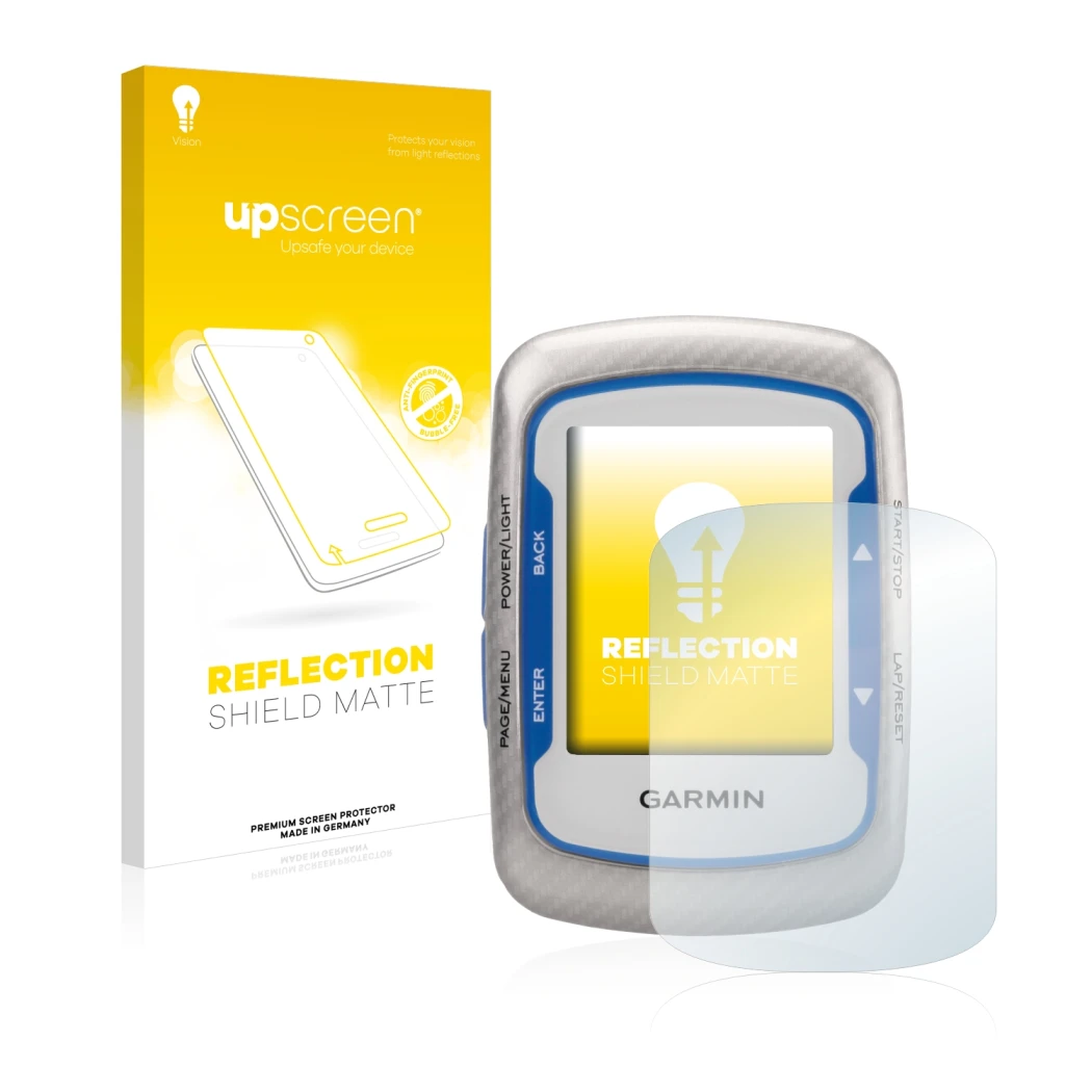 Parte frontale di una confezione del prodotto con il logo del marchio upscreen. Accanto è raffigurato il dispositivo Garmin Ed