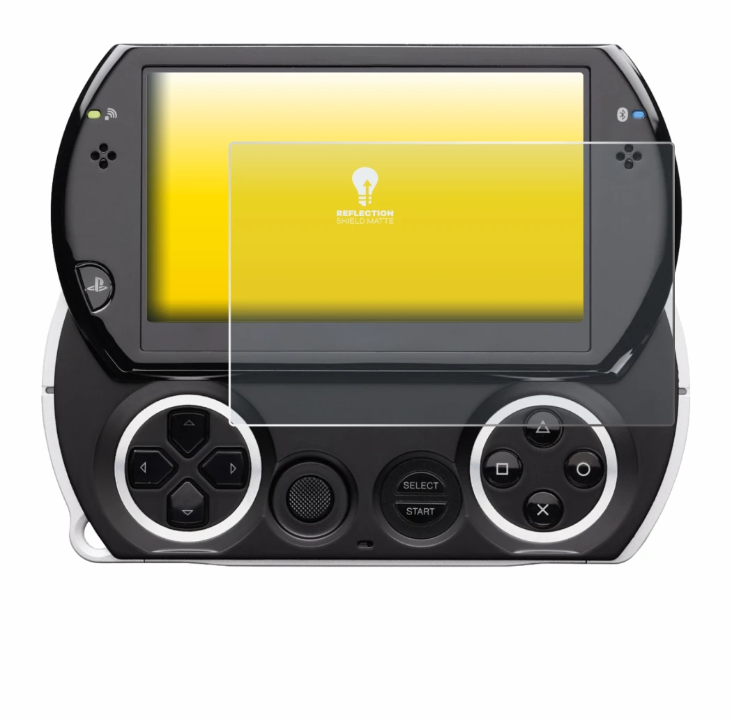 Immagine del dispositivo Sony PSP Go con un'ampia varietà di protezioni per lo schermo.