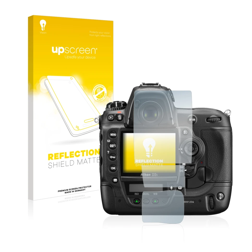 Parte frontale di una confezione del prodotto con il logo del marchio upscreen. Accanto è raffigurato il dispositivo Nikon D3S