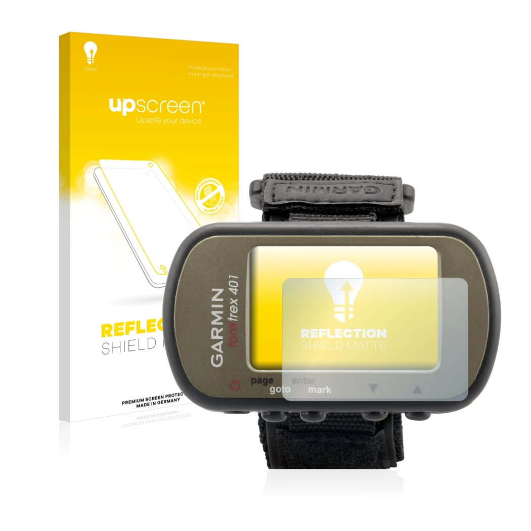 Parte frontale di una confezione del prodotto con il logo del marchio upscreen. Accanto è raffigurato il dispositivo Garmin Fo