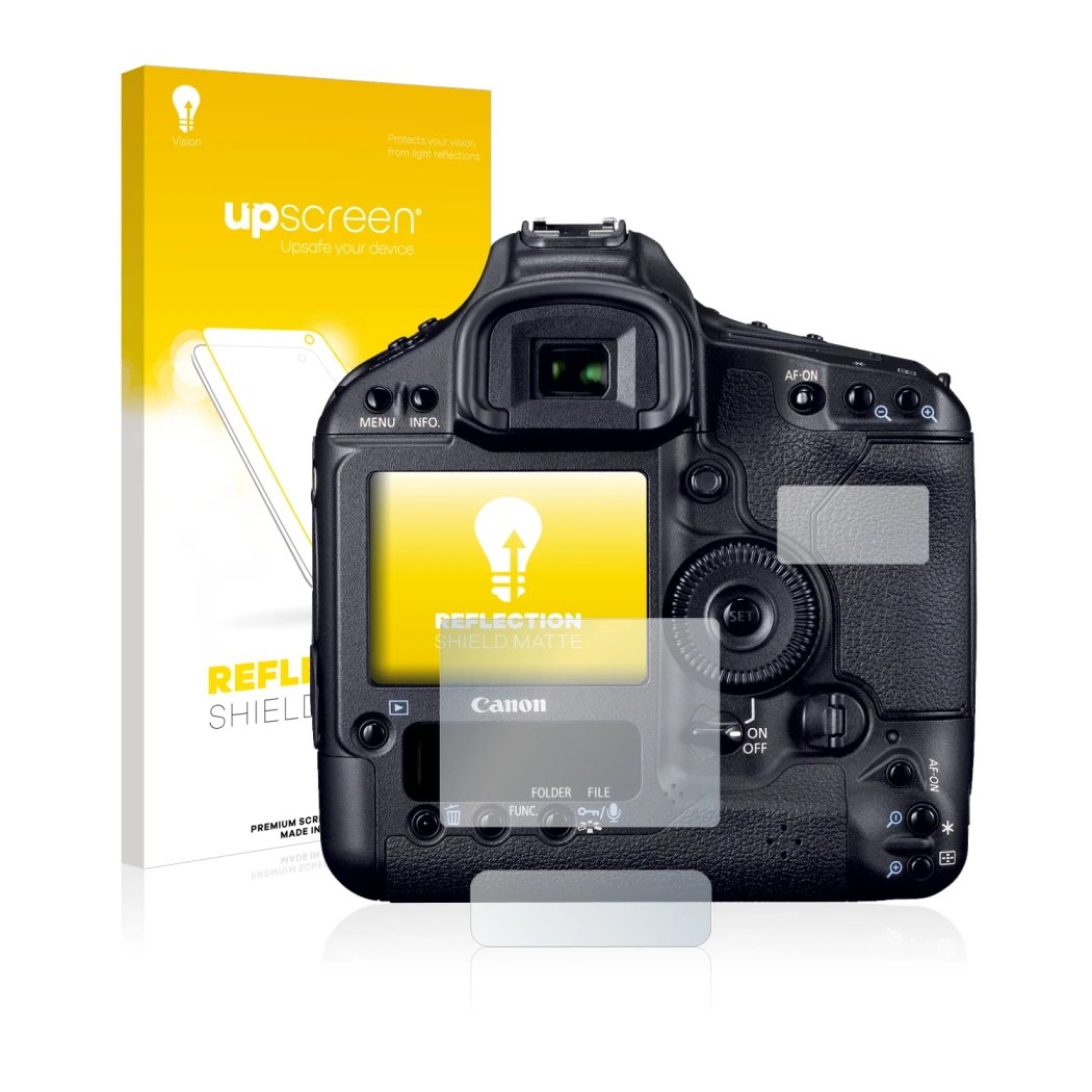 Parte frontale di una confezione del prodotto con il logo del marchio upscreen. Accanto è raffigurato il dispositivo Canon EOS