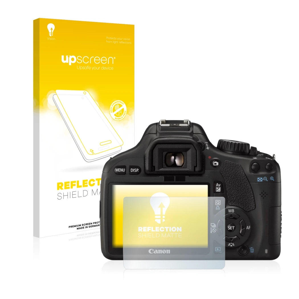 Parte frontale di una confezione del prodotto con il logo del marchio upscreen. Accanto è raffigurato il dispositivo Canon EOS