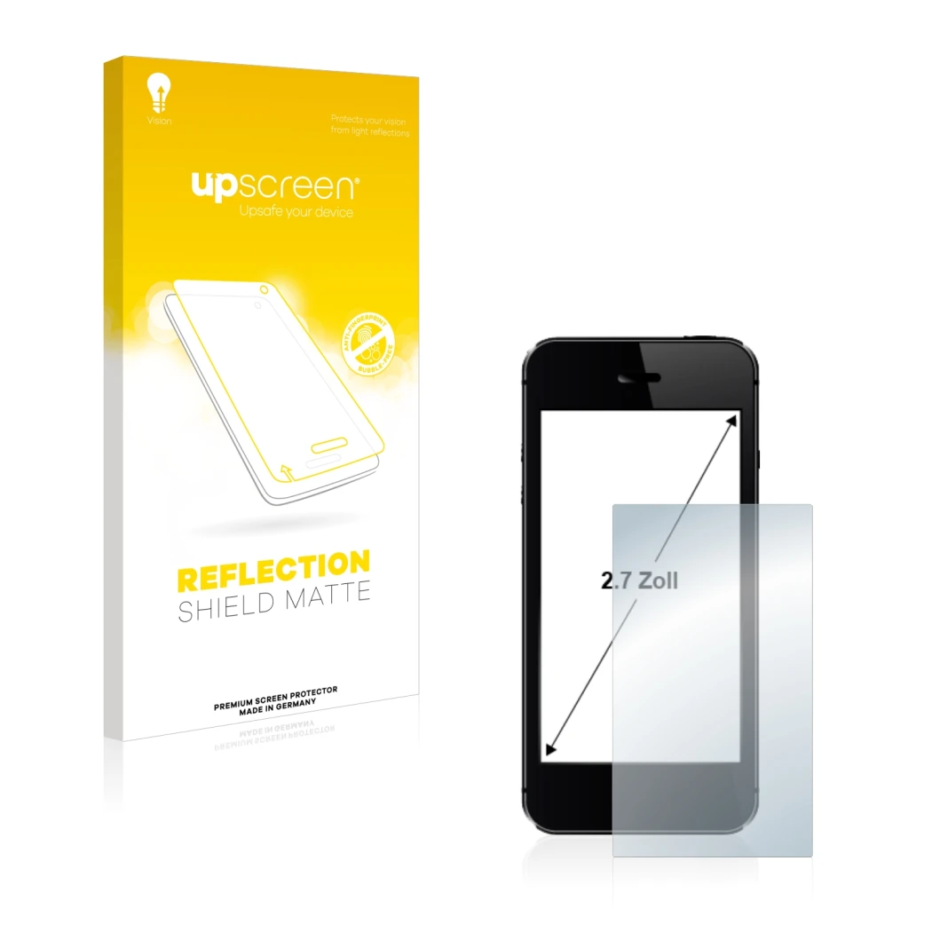 Parte frontale di una confezione del prodotto con il logo del marchio upscreen. Accanto è raffigurato il dispositivo con la re