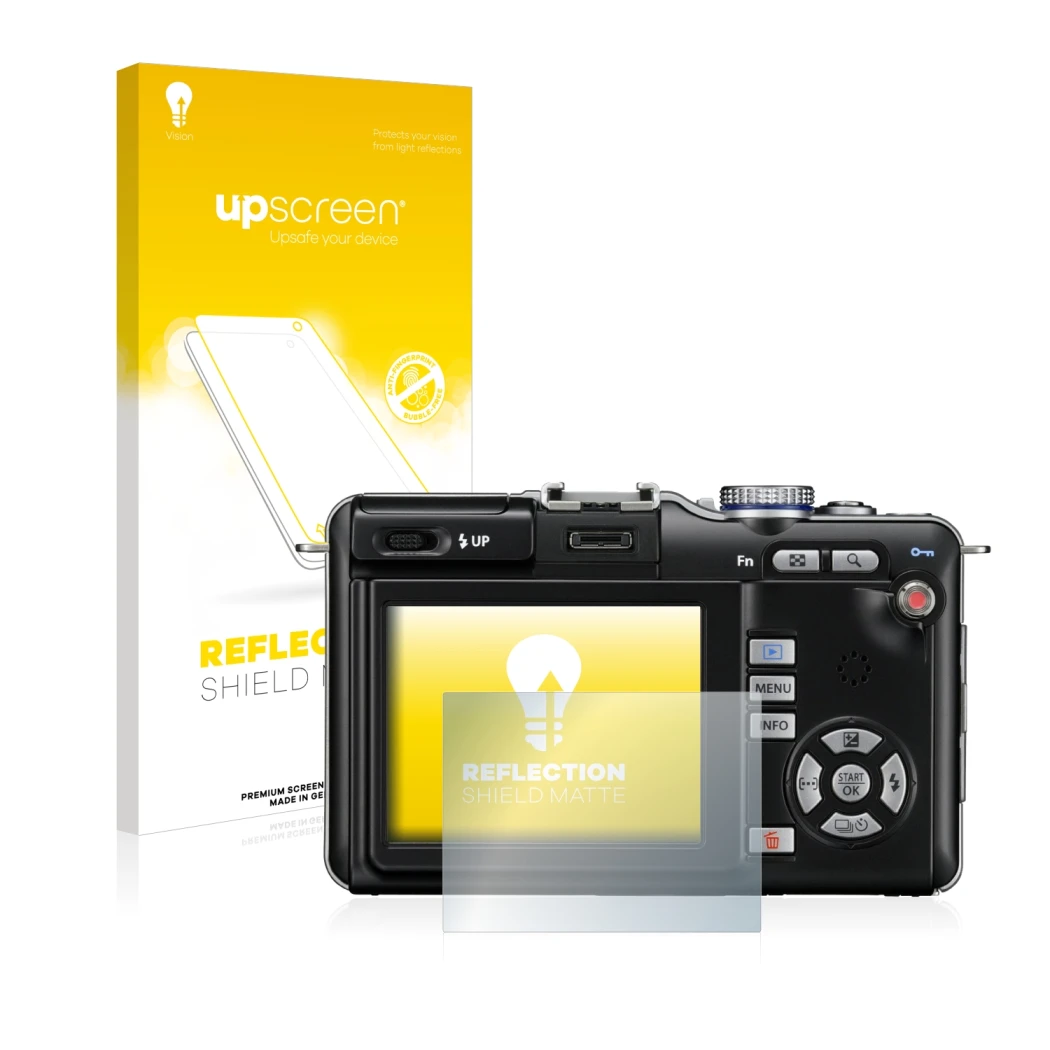Parte frontale di una confezione del prodotto con il logo del marchio upscreen. Accanto è raffigurato il dispositivo Olympus P