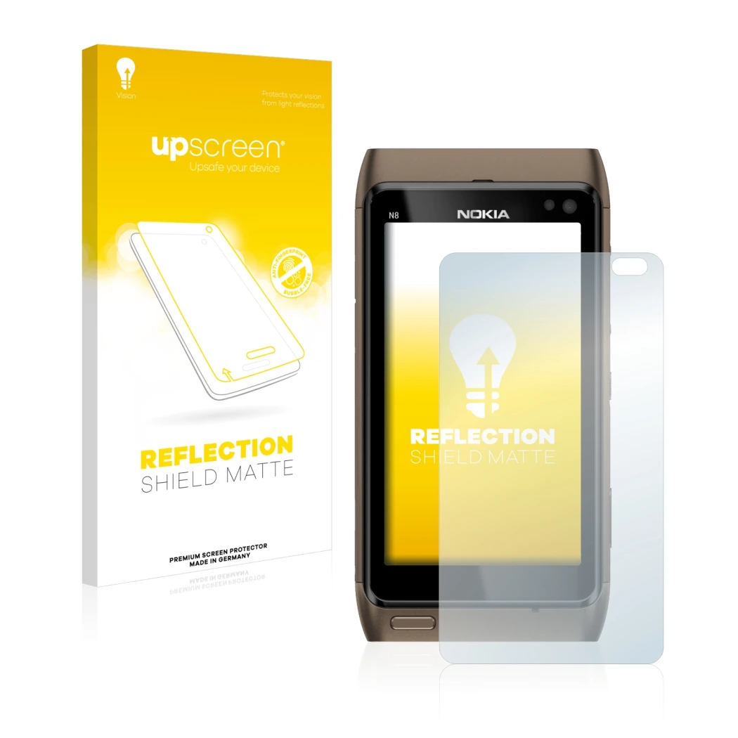 Parte frontale di una confezione del prodotto con il logo del marchio upscreen. Accanto è raffigurato il dispositivo Nokia n8