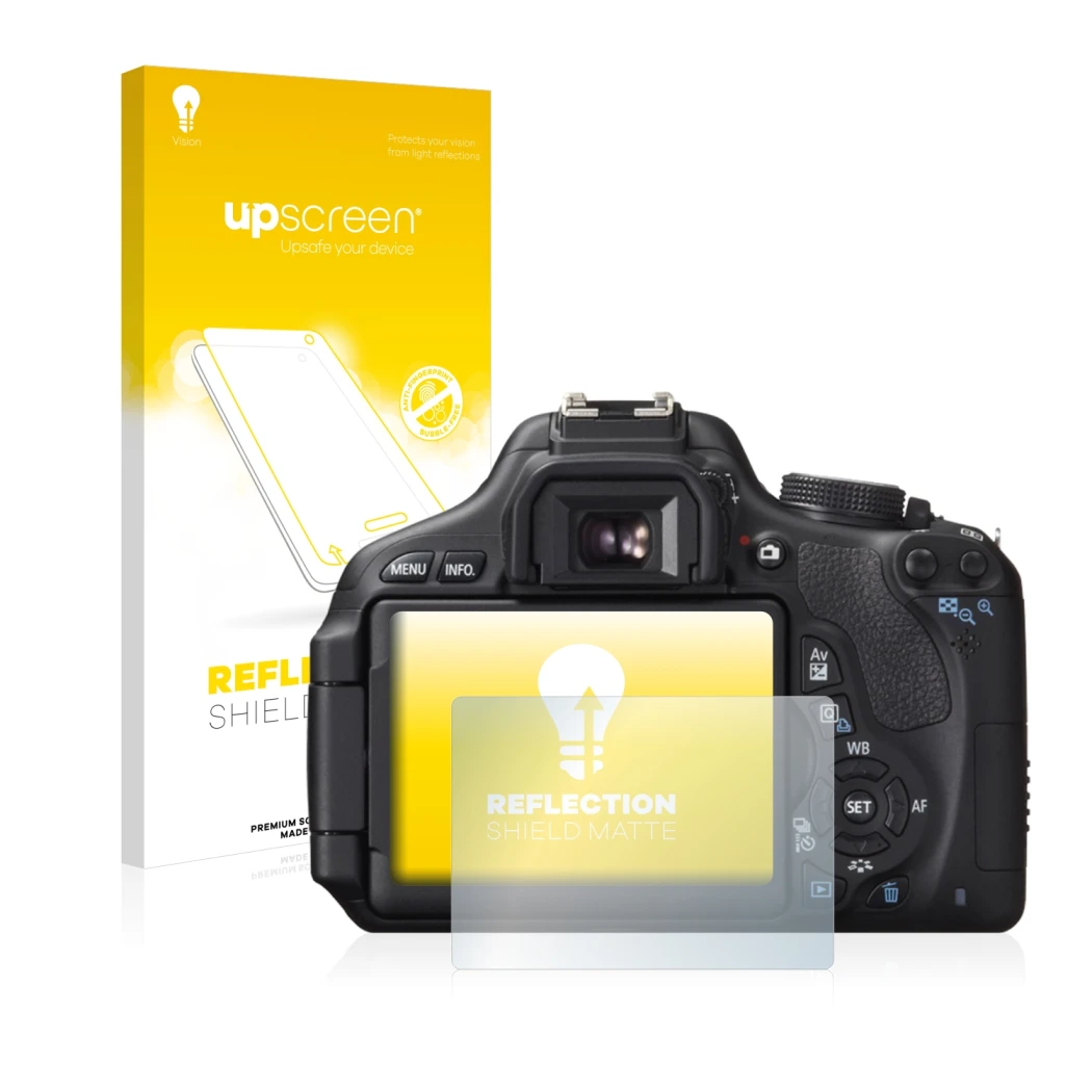 Parte frontale di una confezione del prodotto con il logo del marchio upscreen. Accanto è raffigurato il dispositivo Canon EOS