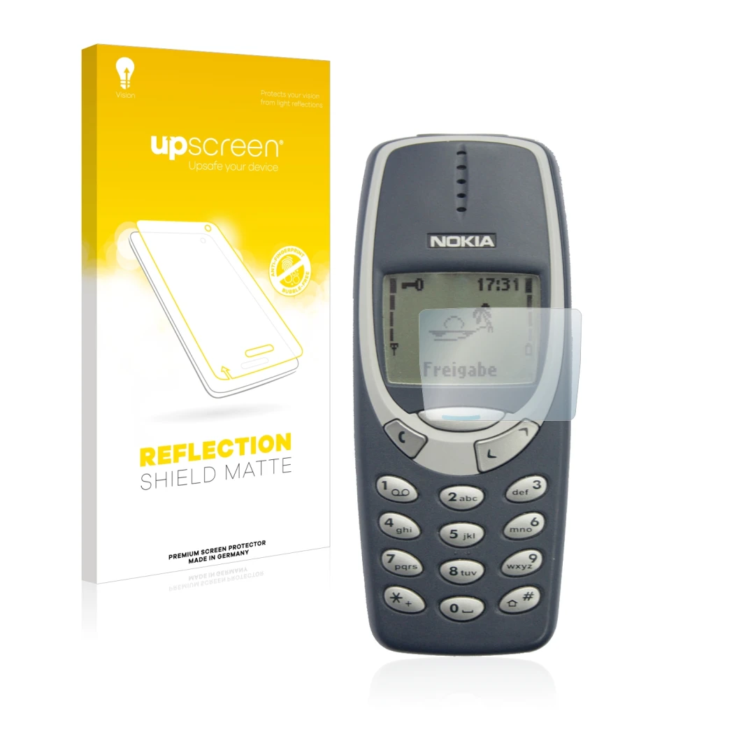 Parte frontale di una confezione del prodotto con il logo del marchio upscreen. Accanto è raffigurato il dispositivo Nokia 331