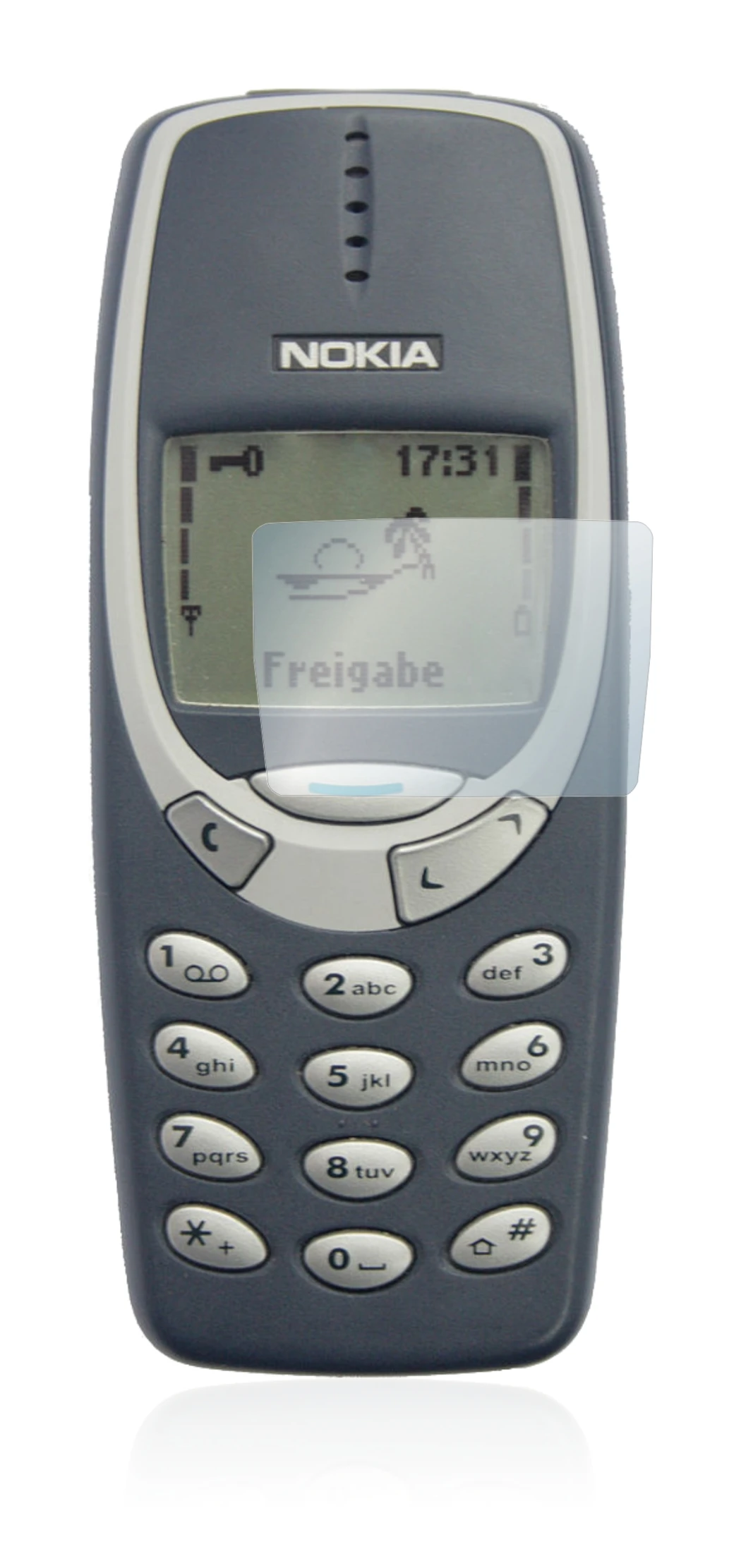 Immagine del dispositivo Nokia 3310 2011 con un'ampia varietà di protezioni per lo schermo.