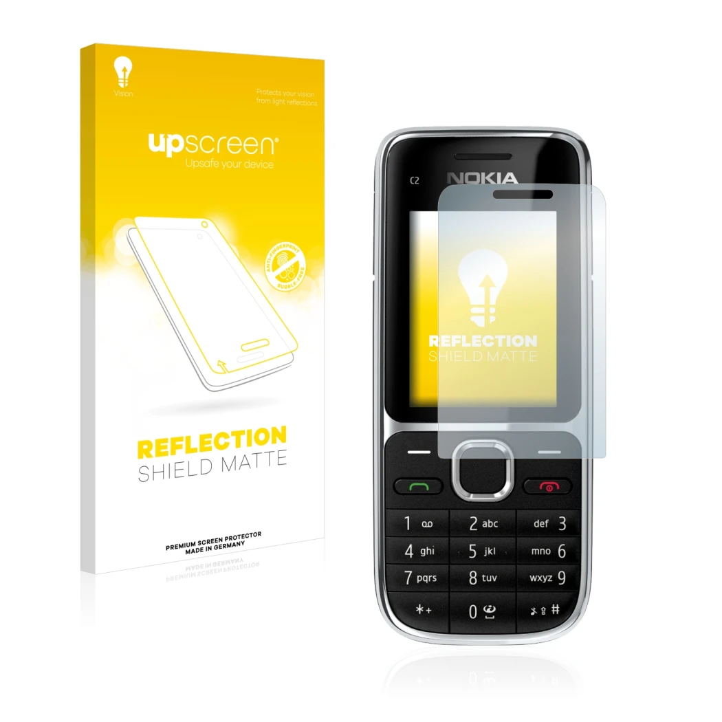 Parte frontale di una confezione del prodotto con il logo del marchio upscreen. Accanto è raffigurato il dispositivo Nokia C2-