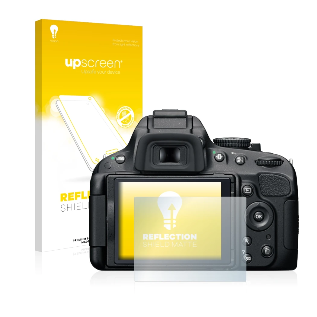 Parte frontale di una confezione del prodotto con il logo del marchio upscreen. Accanto è raffigurato il dispositivo Nikon D51
