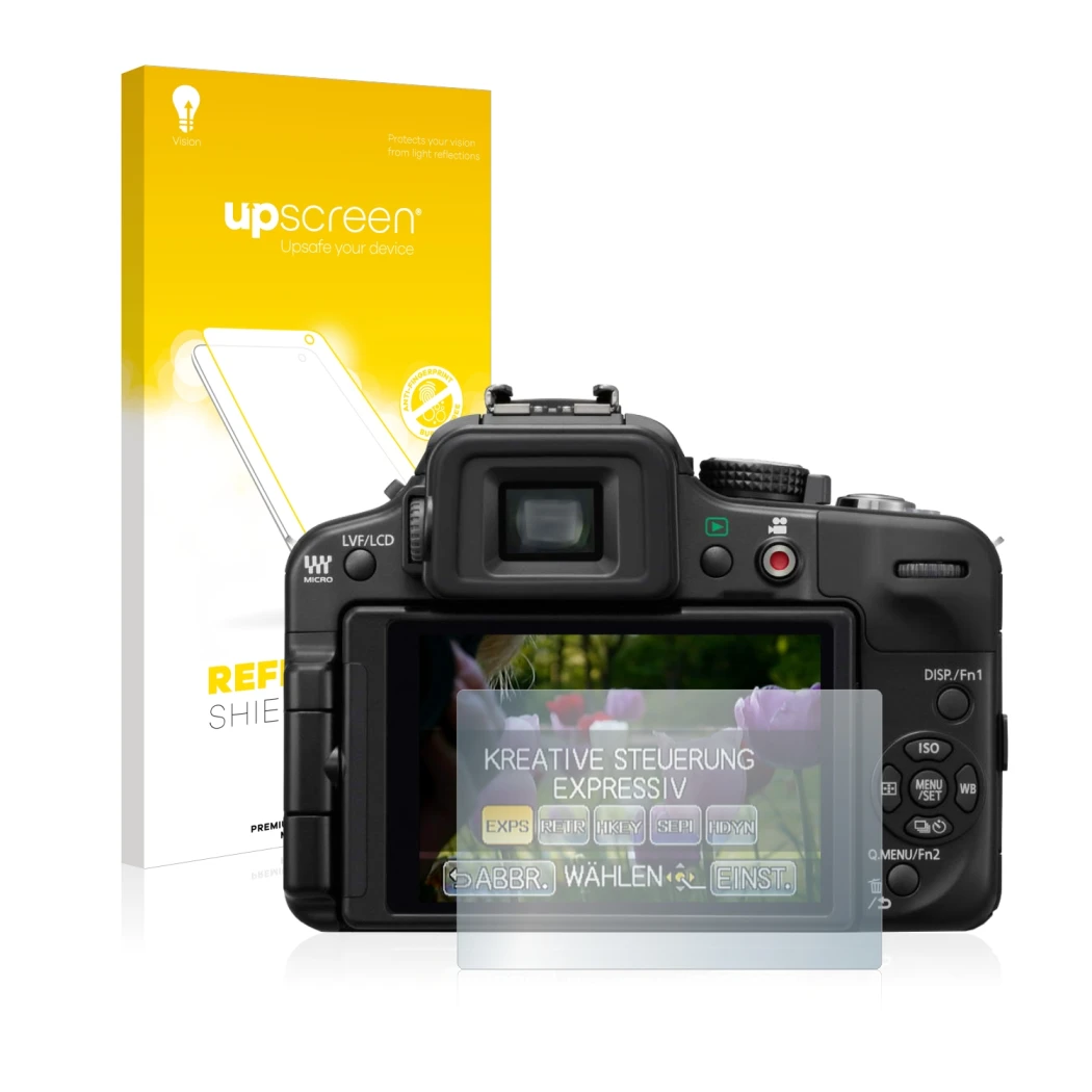 Parte frontale di una confezione del prodotto con il logo del marchio upscreen. Accanto è raffigurato il dispositivo Panasonic