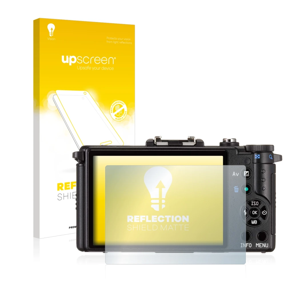 Parte frontale di una confezione del prodotto con il logo del marchio upscreen. Accanto è raffigurato il dispositivo Pentax Q