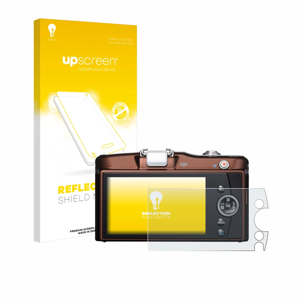 Parte frontale di una confezione del prodotto con il logo del marchio upscreen. Accanto è raffigurato il dispositivo Olympus P