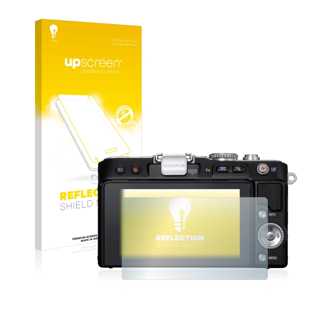 Parte frontale di una confezione del prodotto con il logo del marchio upscreen. Accanto è raffigurato il dispositivo Olympus P