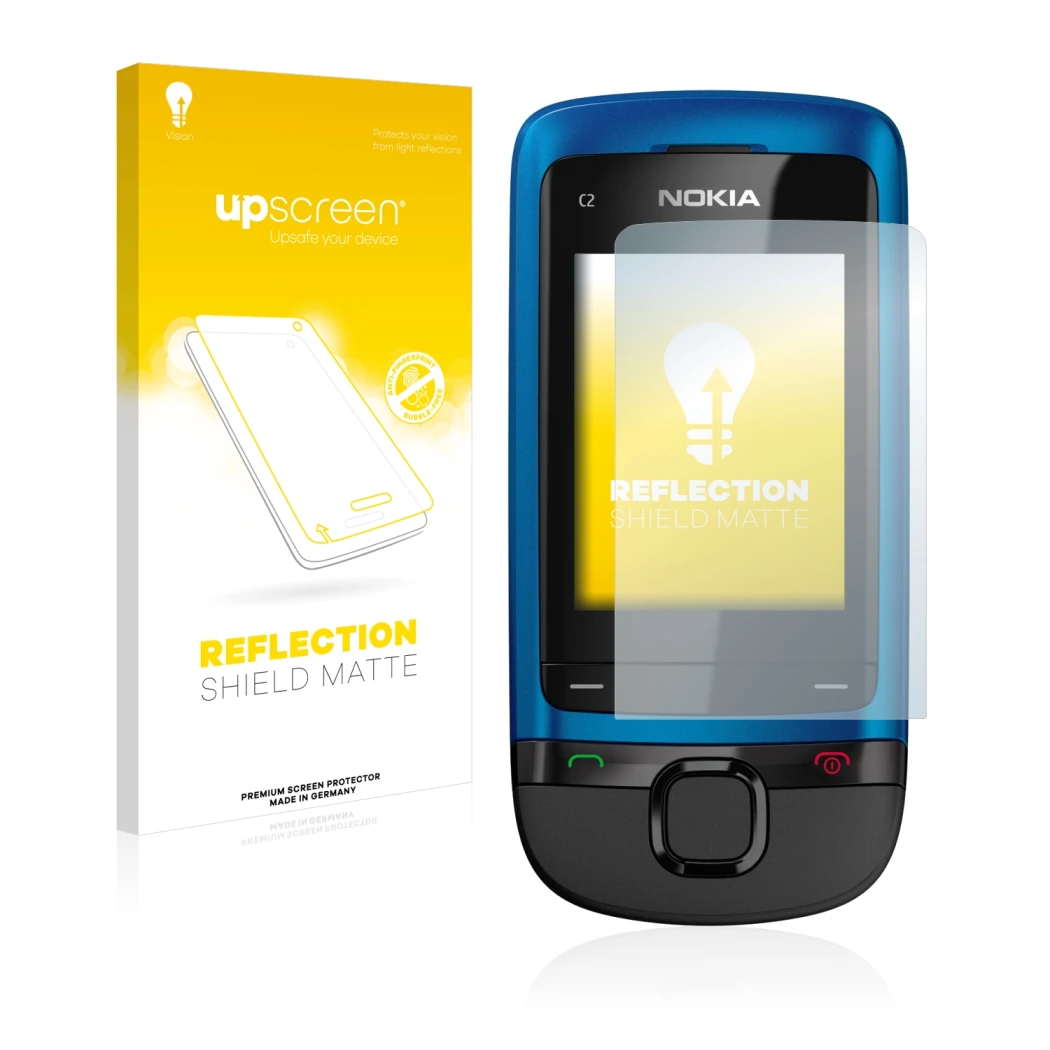 Parte frontale di una confezione del prodotto con il logo del marchio upscreen. Accanto è raffigurato il dispositivo Nokia C2-
