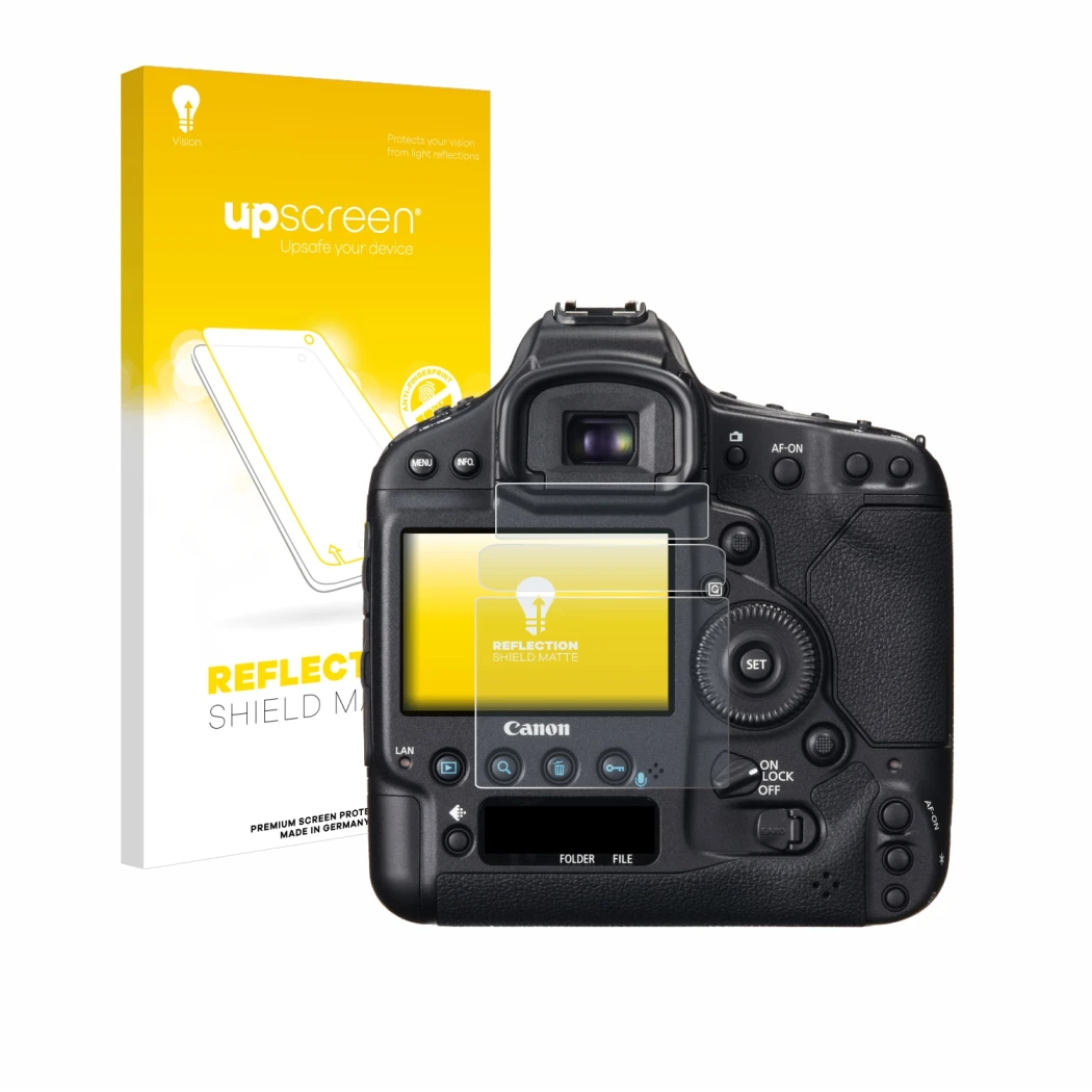 Parte frontale di una confezione del prodotto con il logo del marchio upscreen. Accanto è raffigurato il dispositivo Canon EOS