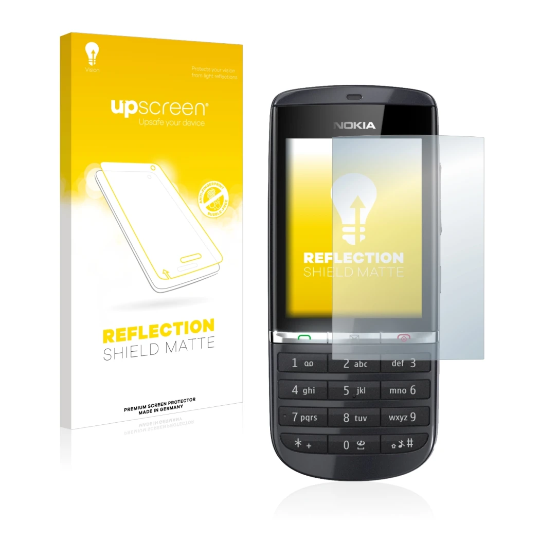 Parte frontale di una confezione del prodotto con il logo del marchio upscreen. Accanto è raffigurato il dispositivo Nokia Ash