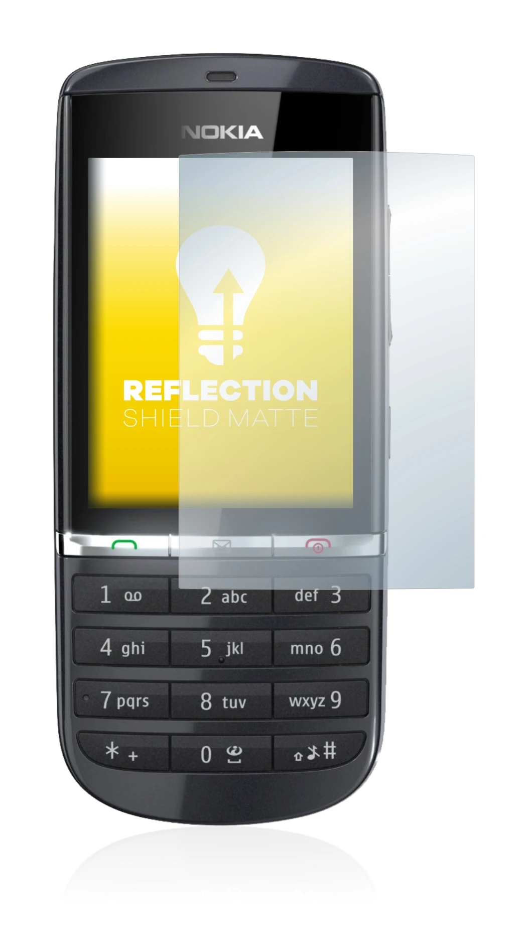 Immagine del dispositivo Nokia Asha 300 con un'ampia varietà di protezioni per lo schermo.