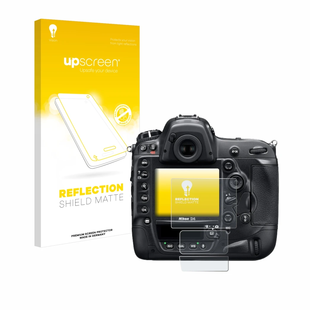 Parte frontale di una confezione del prodotto con il logo del marchio upscreen. Accanto è raffigurato il dispositivo Nikon D4