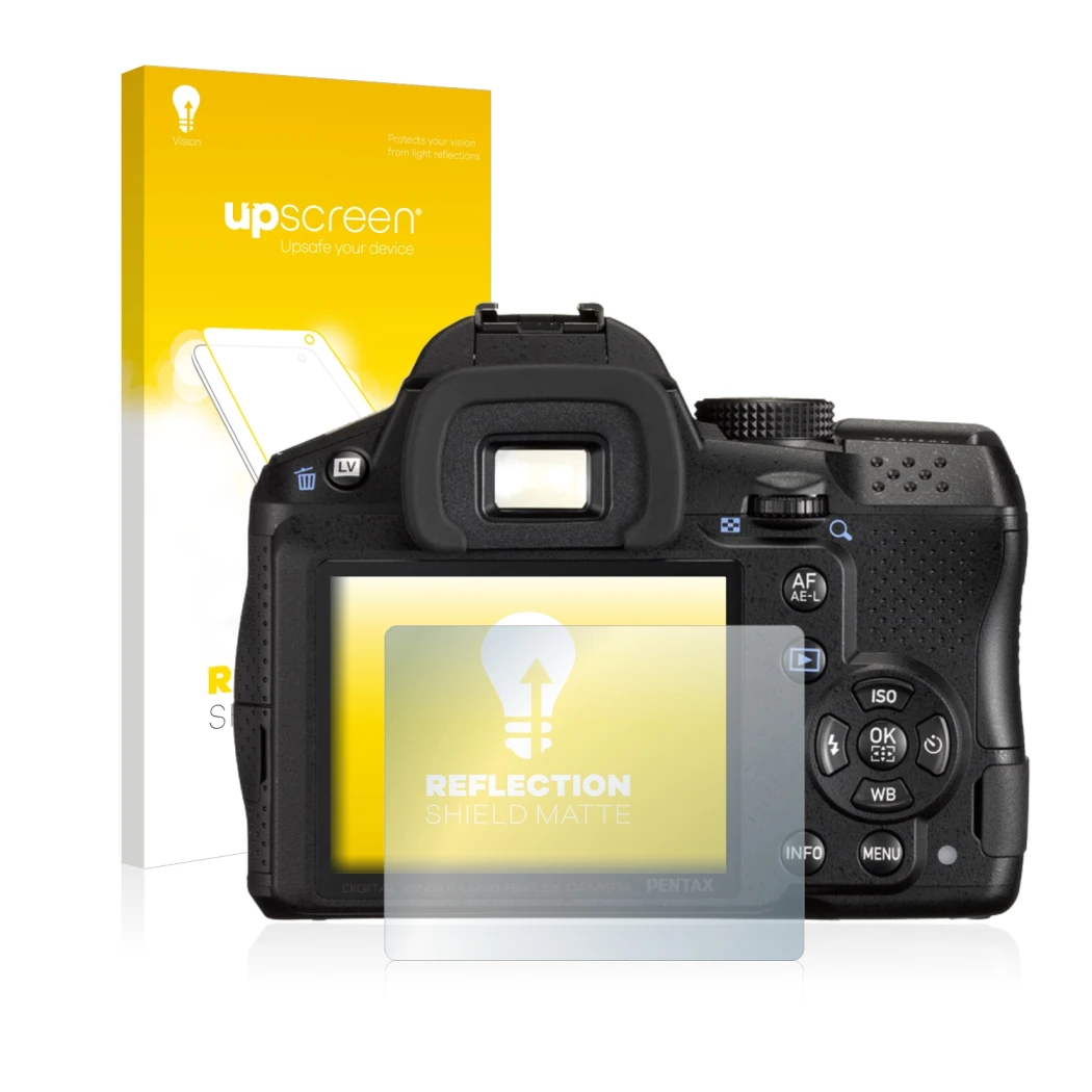 Parte frontale di una confezione del prodotto con il logo del marchio upscreen. Accanto è raffigurato il dispositivo Pentax K-