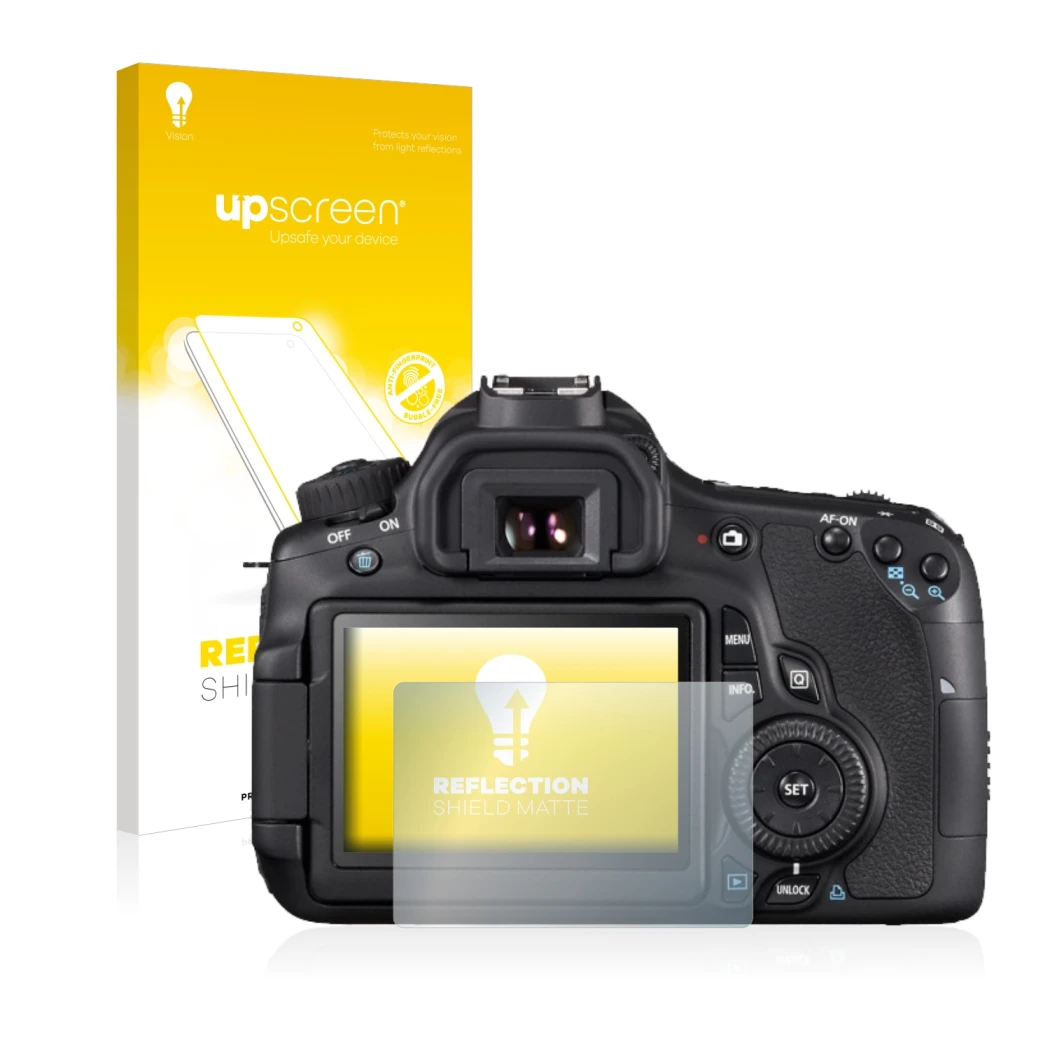 Parte frontale di una confezione del prodotto con il logo del marchio upscreen. Accanto è raffigurato il dispositivo Canon EOS