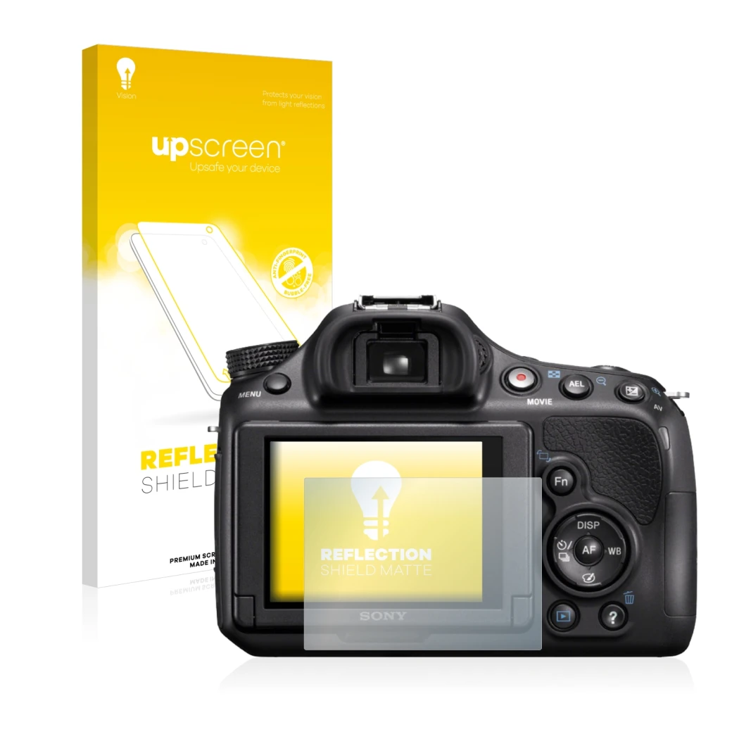 Parte frontale di una confezione del prodotto con il logo del marchio upscreen. Accanto è raffigurato il dispositivo Sony Alph
