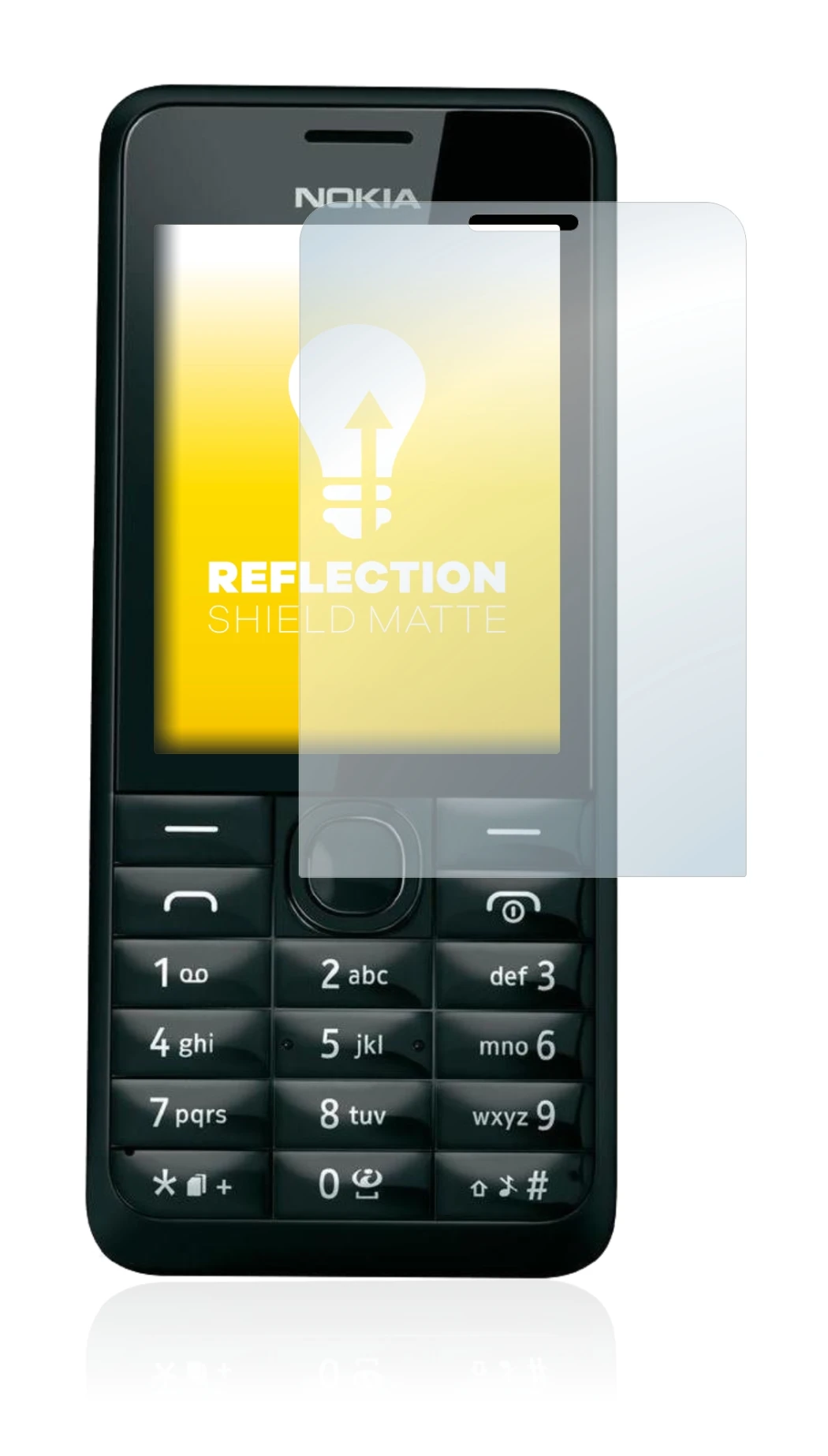 Immagine del dispositivo Nokia 301 con un'ampia varietà di protezioni per lo schermo.