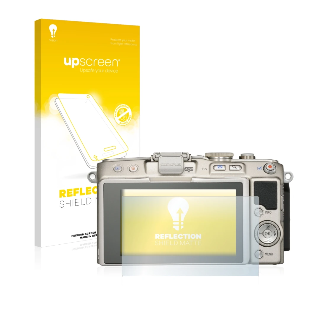 Parte frontale di una confezione del prodotto con il logo del marchio upscreen. Accanto è raffigurato il dispositivo Olympus P