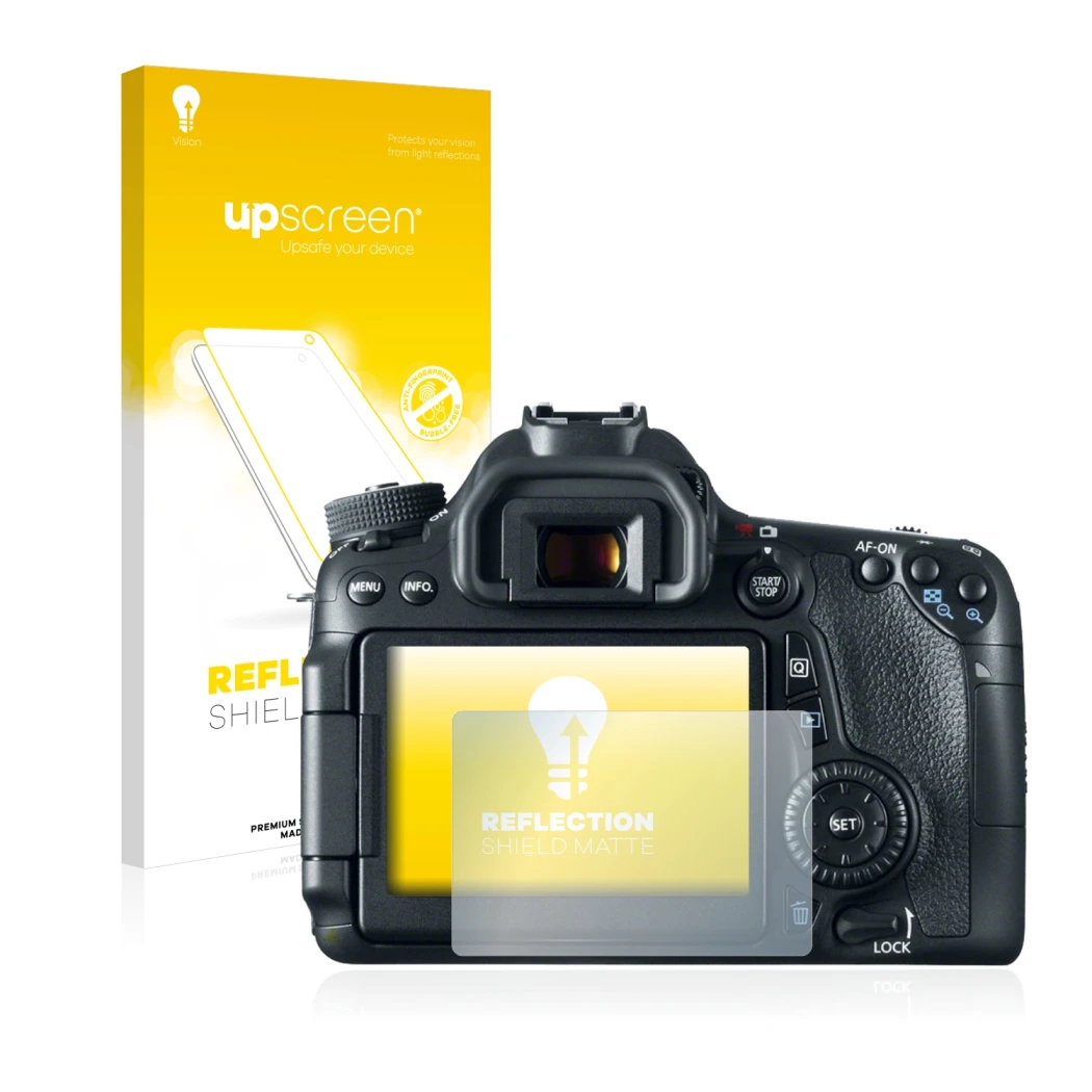 Parte frontale di una confezione del prodotto con il logo del marchio upscreen. Accanto è raffigurato il dispositivo Canon EOS