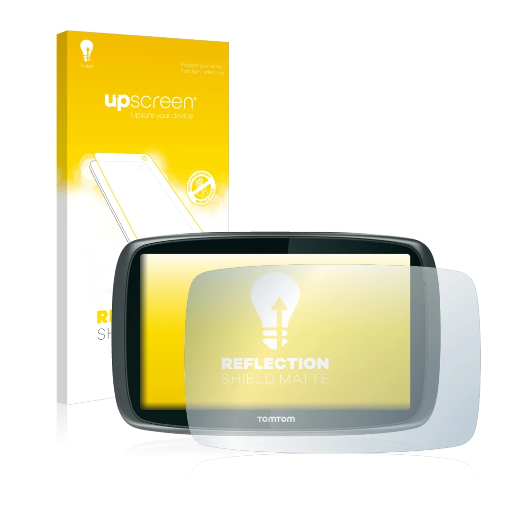Parte frontale di una confezione del prodotto con il logo del marchio upscreen. Accanto è raffigurato il dispositivo TomTom GO