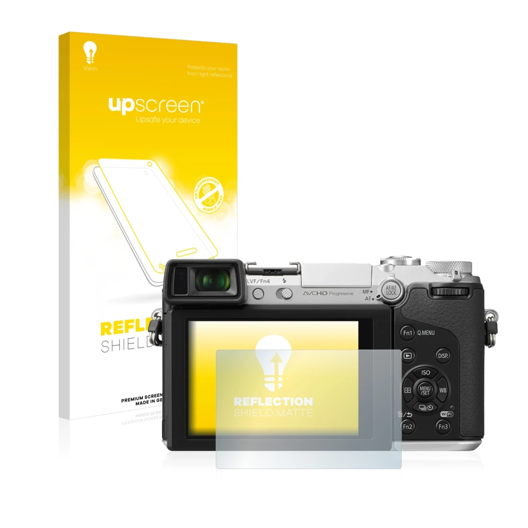 Parte frontale di una confezione del prodotto con il logo del marchio upscreen. Accanto è raffigurato il dispositivo Panasonic