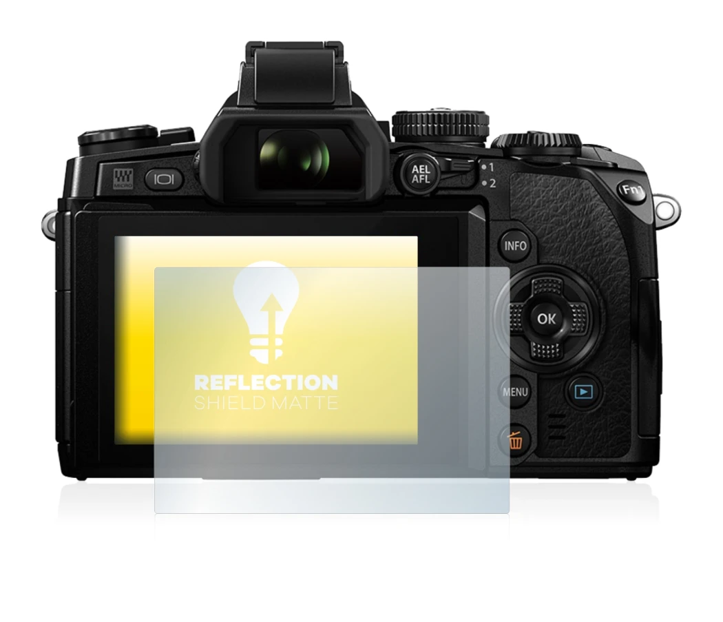 Immagine del dispositivo Olympus OM-D E-M1 con un'ampia varietà di protezioni per lo schermo.