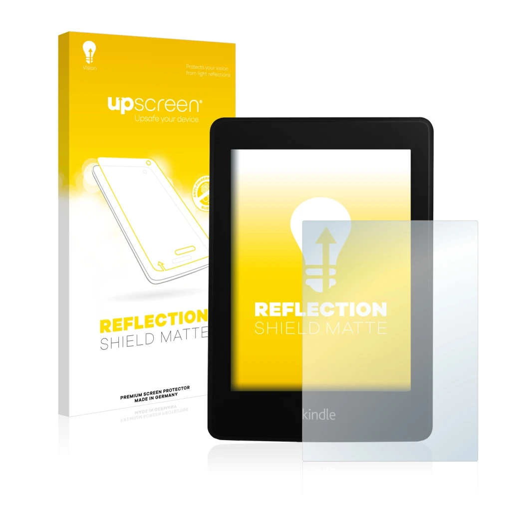 Parte frontale di una confezione del prodotto con il logo del marchio upscreen. Accanto è raffigurato il dispositivo Amazon Ki