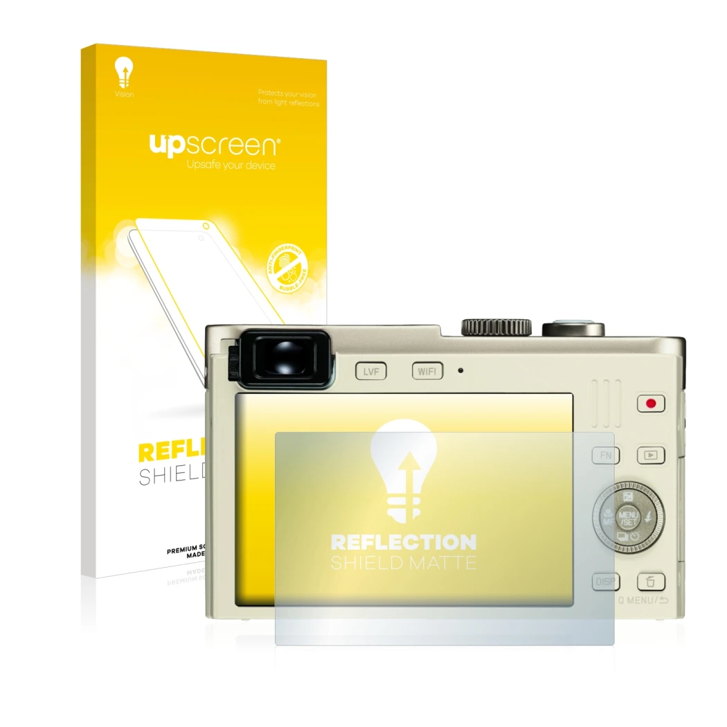 Parte frontale di una confezione del prodotto con il logo del marchio upscreen. Accanto è raffigurato il dispositivo Leica C (